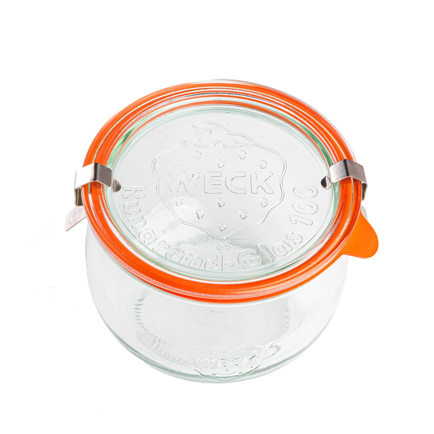 Закрытая стеклянная банка WECK с видом сверху, оранжевая уплотнительная резинка и металлические зажимы на крышке с гравировкой логотипа WECK и надписью 'Rundrand-Glas 100'.