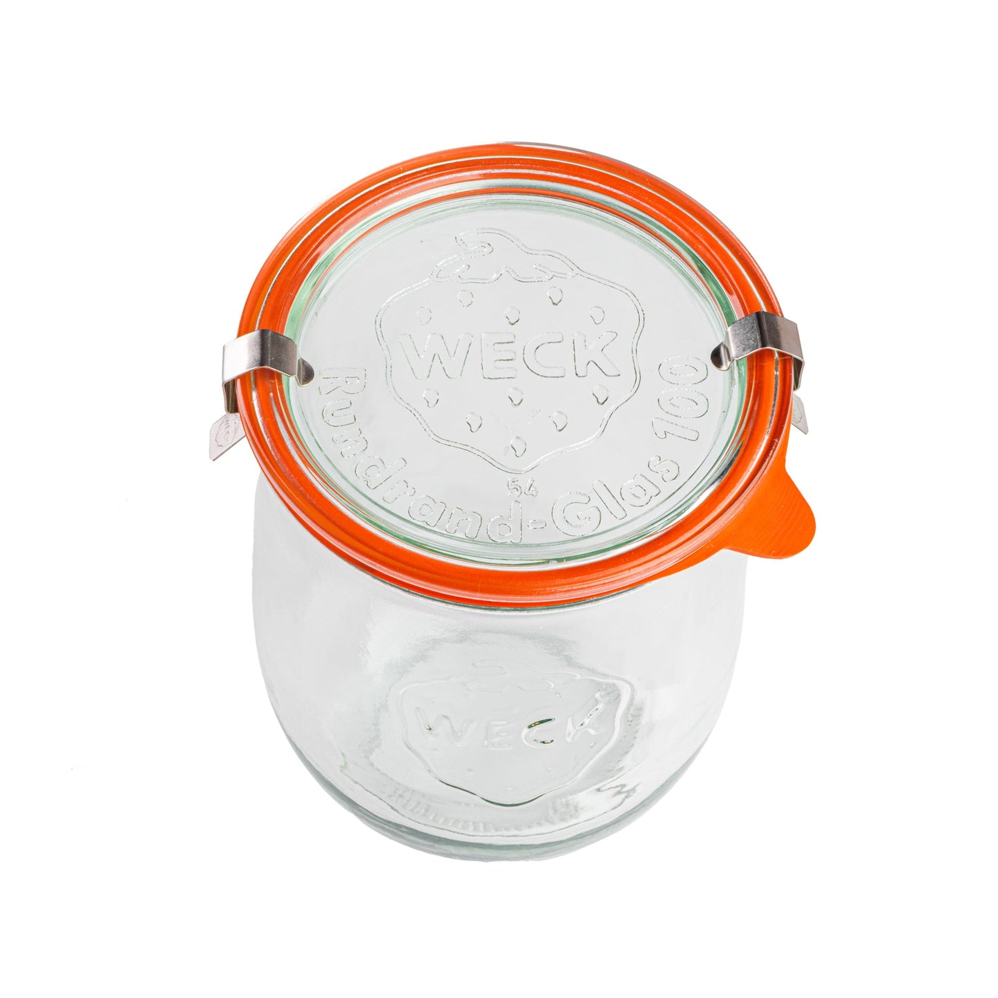 Закрытая стеклянная банка WECK, вид сверху с оранжевой уплотнительной резинкой и металлическими зажимами. Гравировка WECK и надпись 'Rundrand-Glas 100' на крышке, изображение на белом фоне.