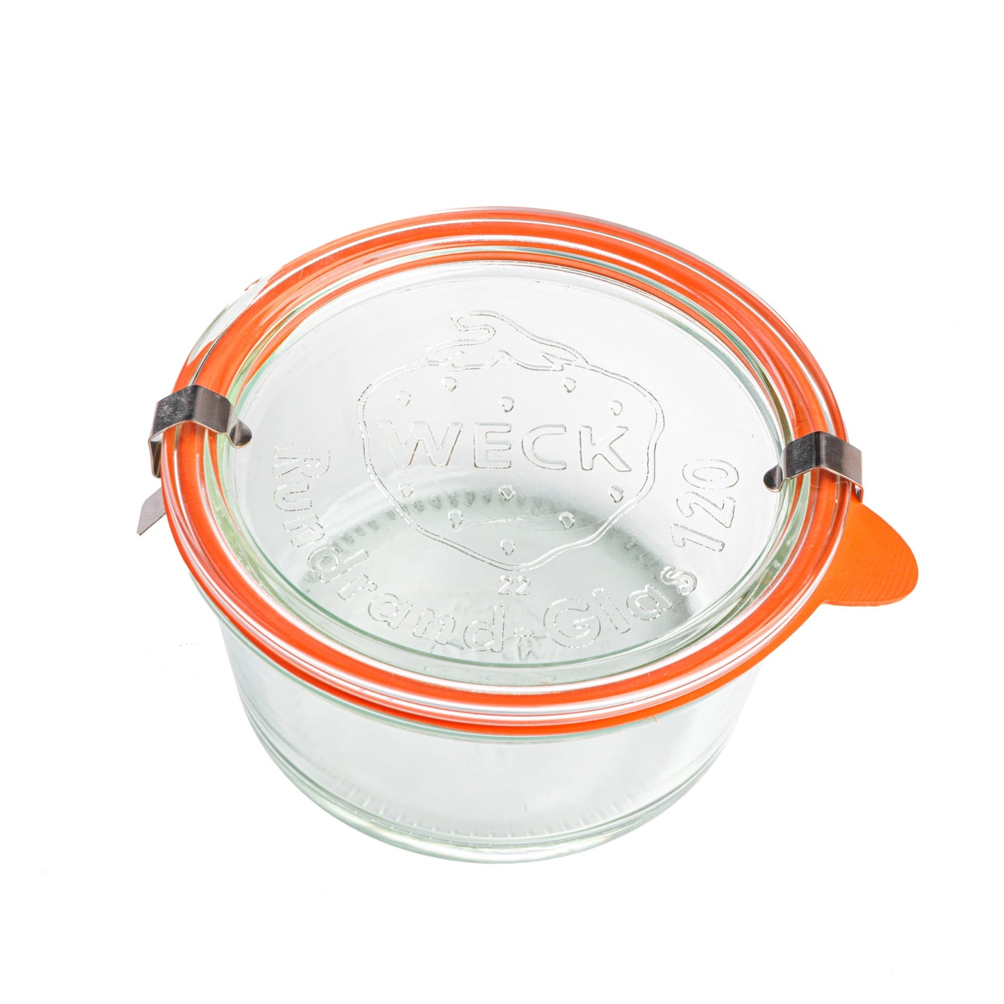 Круглая стеклянная банка Weck с оранжевым силиконовым уплотнителем и металлическими зажимами, вид сверху, прозрачная крышка с гравировкой логотипа Weck
