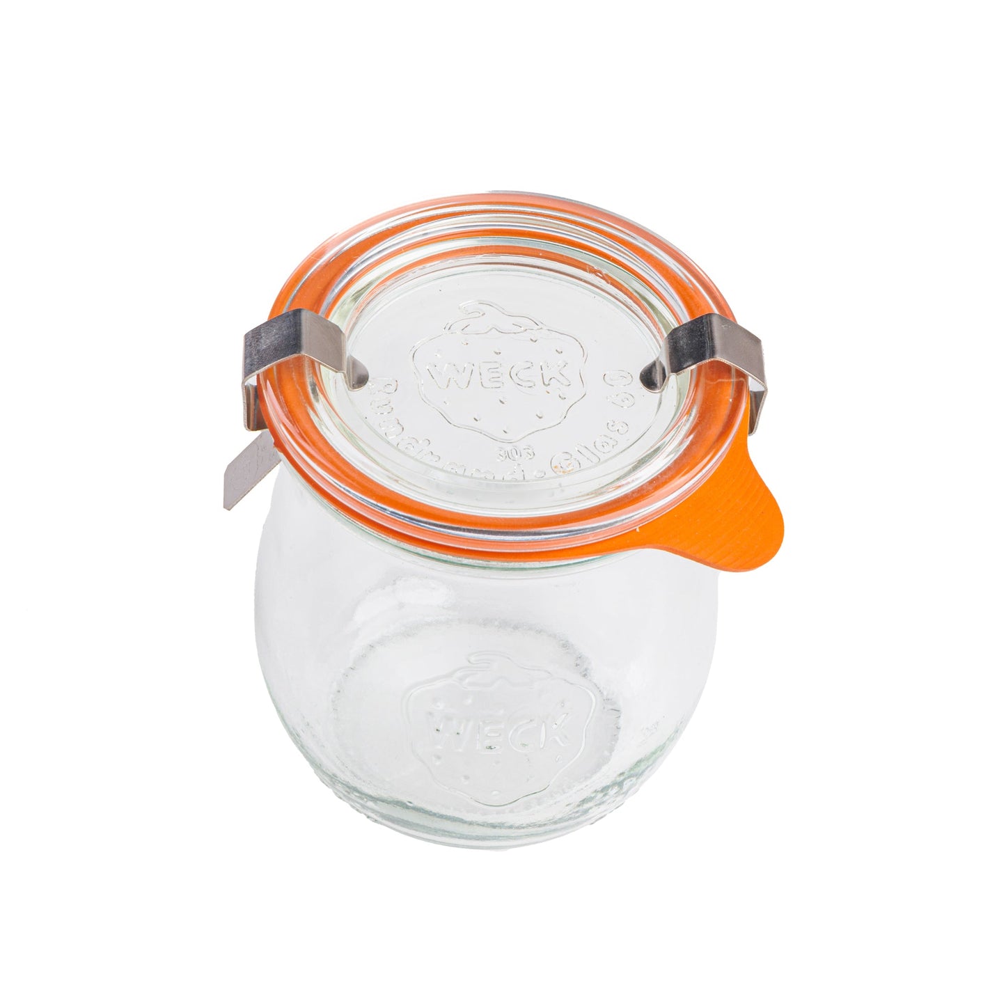 Стеклянная банка WECK тюльпанообразной формы с закрытой крышкой, вид сверху. Крышка с оранжевой уплотнительной резинкой и металлическими зажимами, гравировка логотипа WECK и надпись 'Rundrand-Glas 100', изолированная на белом фоне.